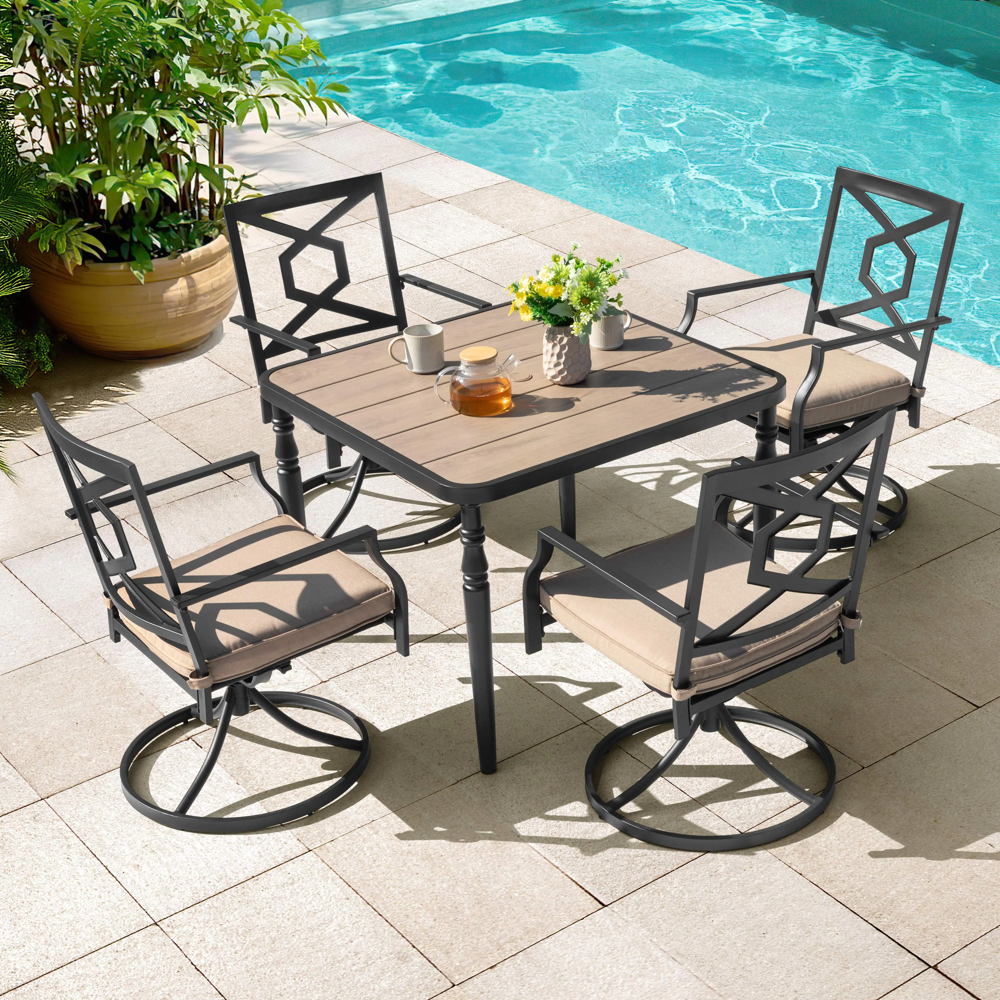 Alt View 1. Nuu Garden - Patio Metal Dining Set of 5 with Padded Cushions and Umbrella Hole - Black.