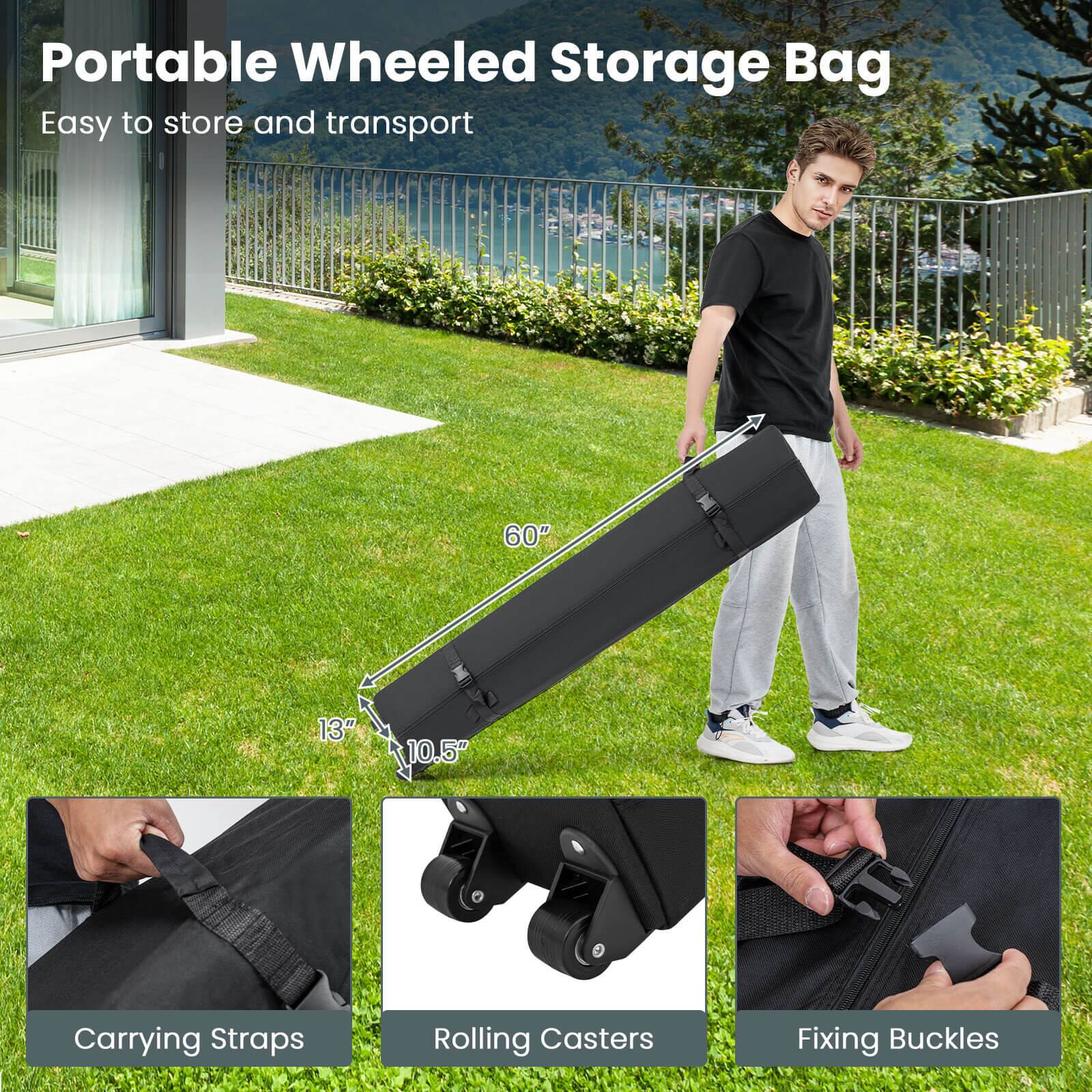 Portable Wheeled Storage Bag  
Easy to store and transport  

60" x 13" x 10.5"  

Carrying Straps  
Rolling Casters  
Fixing Buckles