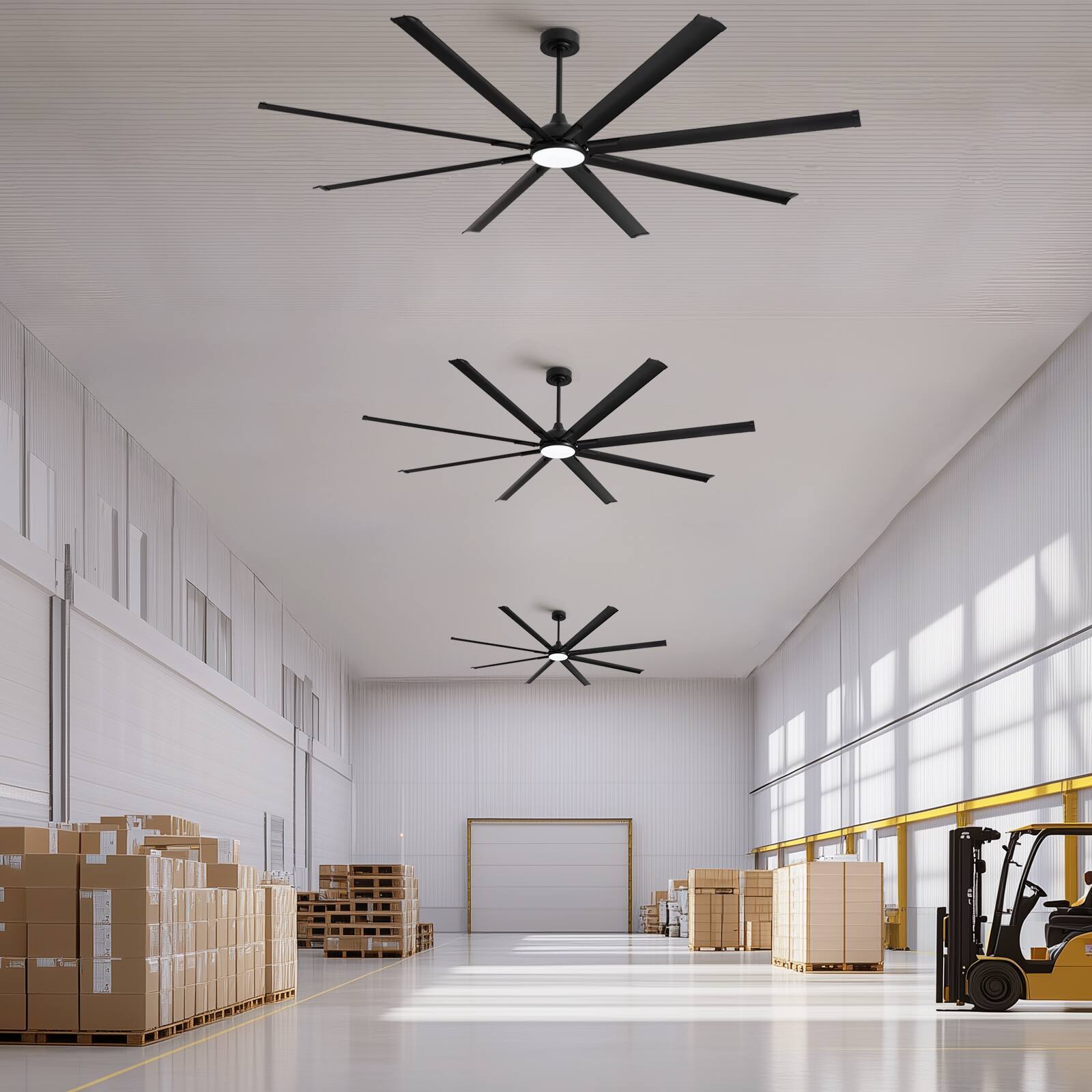 Back. Siljoy - 96 Inch Industrial Black Ceiling Fan with Integrated LED Light and Remote for Patio Kitchen Garage and Warehouse - Black.