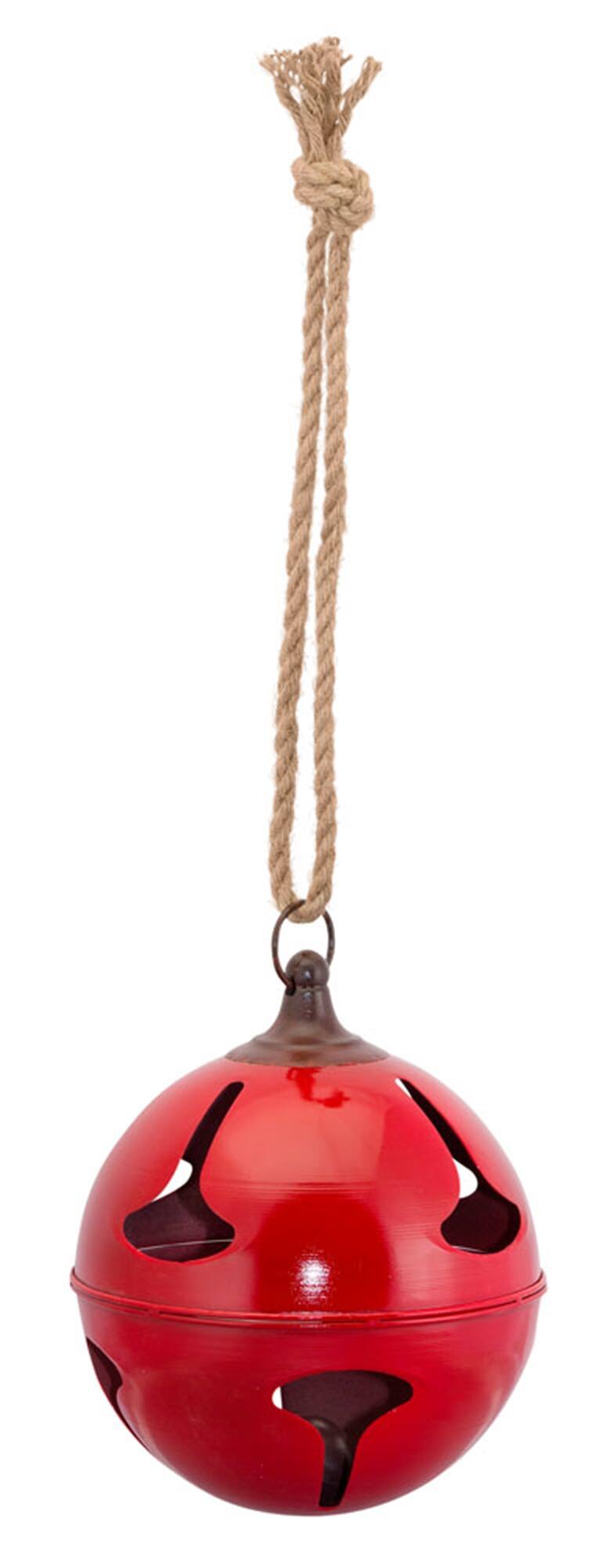 Angle. BreeBe - Red Metal Sleigh Bell with Jute Hanger (Set of 2) - Red, Brown.