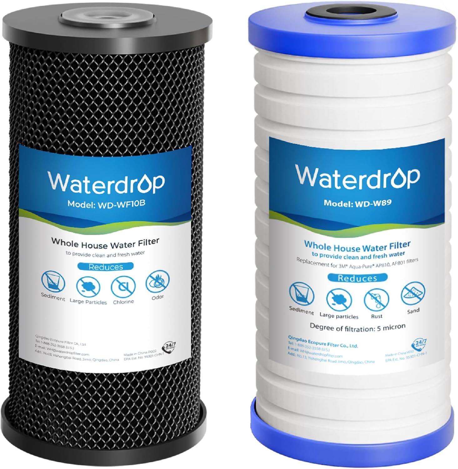 Waterdrop Model: WD-WF10B  
Waterdrop Model: WD-W89  

Whole House Water Filter to provide clean and fresh water  
Reduces  
- Sediment  
- Large Particles  
- Chlorine  
- Odor  

Replacement filters for 3M Aqua-Pure* AP810, AP801  

Reduces  
- Sediment  
- Large Particles  
- Rust  
- Sand  

Degree of filtration: 5 micron  

Qingdao Ecopure Filter Co., Ltd.  
Address: No. 14, Tongjiang Road, Jiaozhou, China  
Email: info@ecopurefilter.com  
Made in China 2002  

*Trademark of 3M Corporation