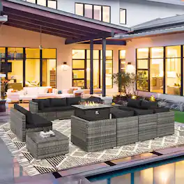 U-HOMY - Patio Conversation Set with Fire Pit Table – 12-Person All-Weather Wicker Outdoor Furniture Set - Black