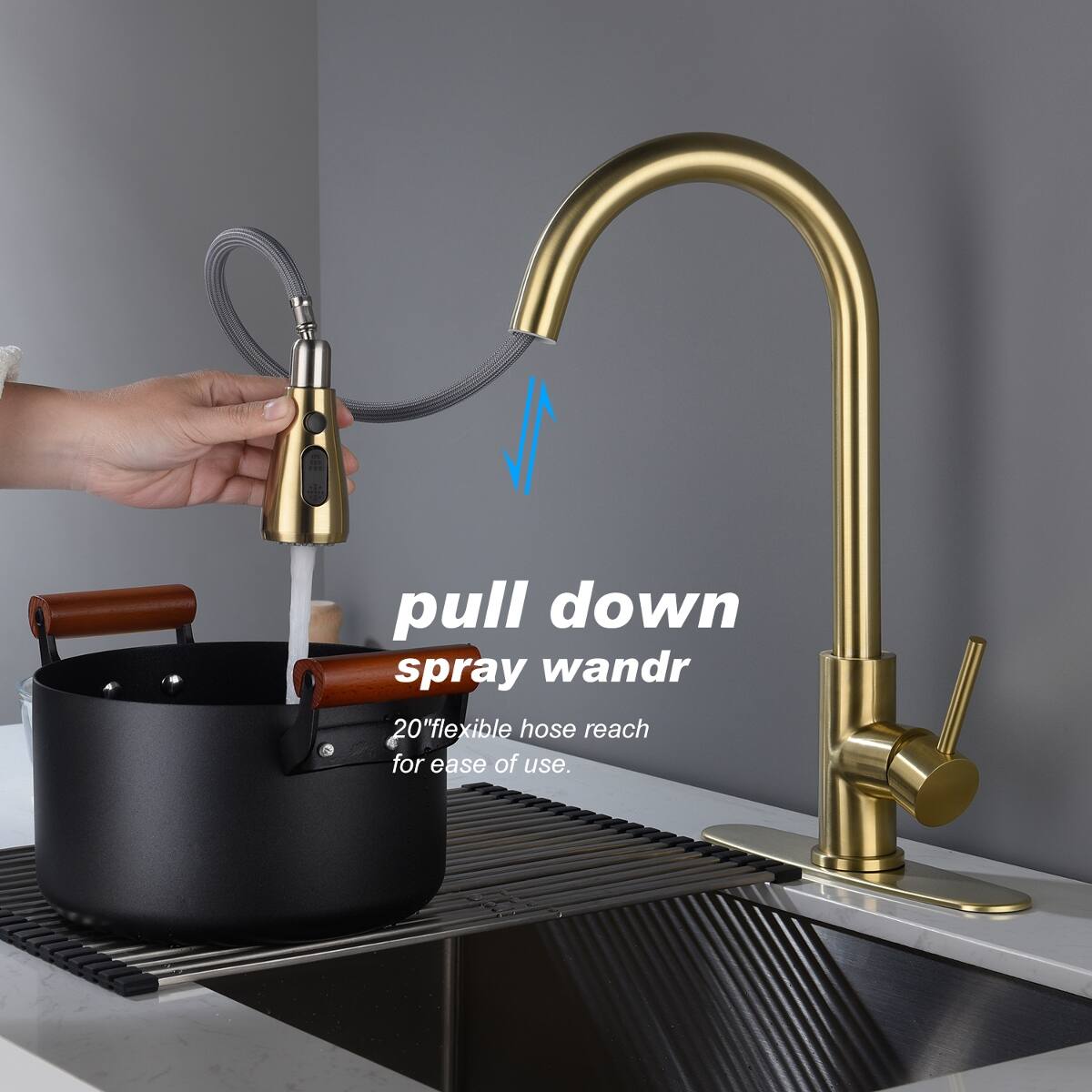 pull down spray wand  
20" flexible hose reach for ease of use.