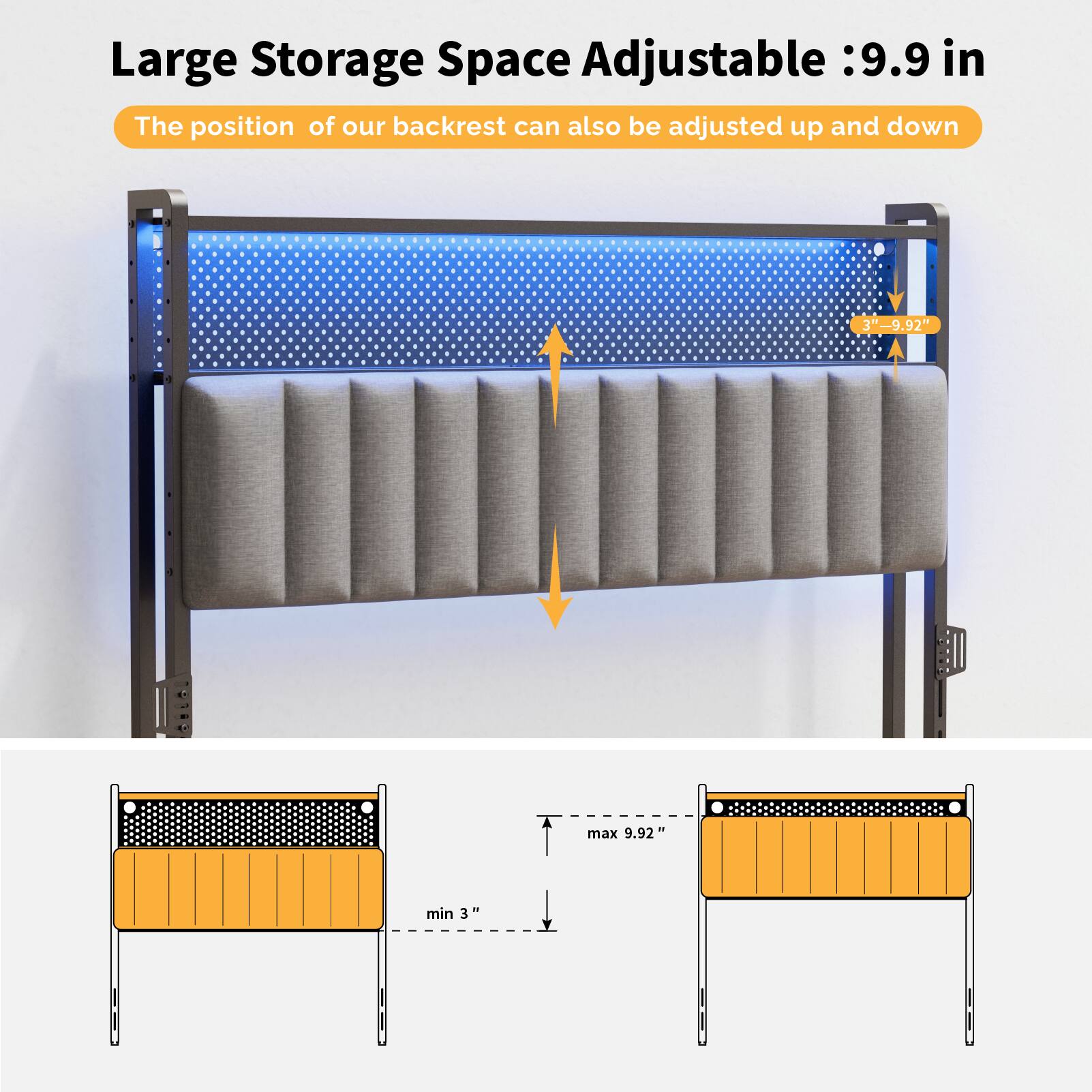 Large Storage Space Adjustable: 9.9 in  
The position of our backrest can also be adjusted up and down  
3" - 9.92" max 9.92" min 3"