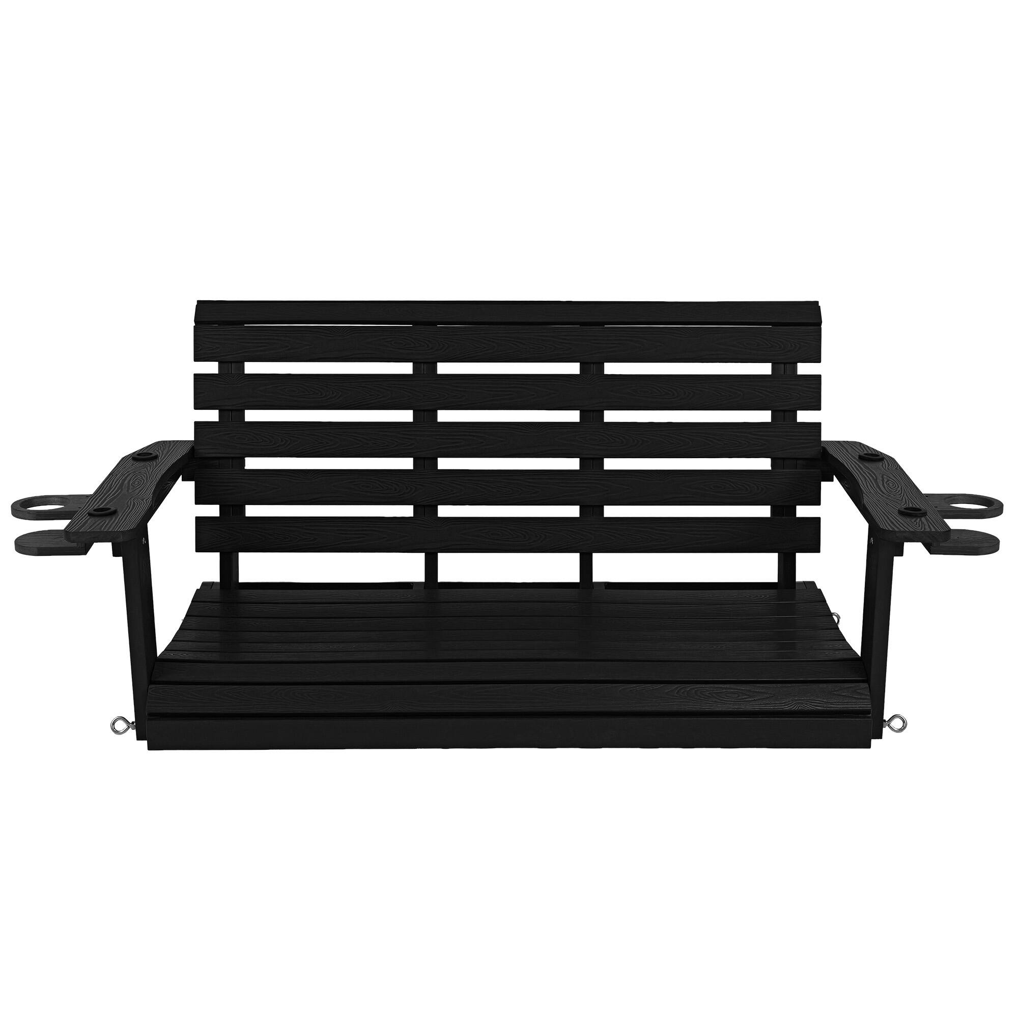 Angle. Fortune Candy - 4ft Poly Lumber Outdoor Porch Swing, HIPS Weather Resistant Patio Swing Chair with Foldable Cup Holders (2-Seater) - Black.