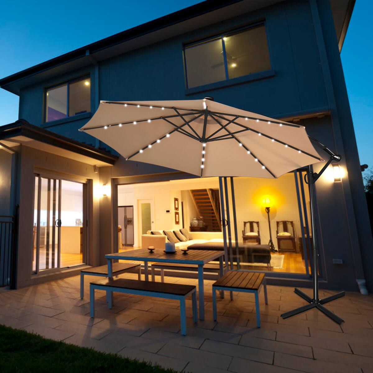 Alt View 1. Costway - Costway 10 FT Offset Hanging Umbrella with Solar LED Lights, Patio Cantilever Umbrella with Easy Tilt Adjustment - Beige.