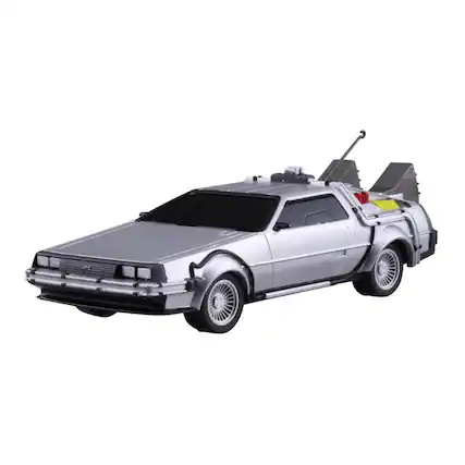 Front. Aoshima - Back to the Future Pullback DeLorean 1/43 Scale Model Kit - Silver.