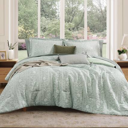 Front. Cedar Assembly - Queen Comforter Set 7 Pieces Floral For All Seasons Bed In A Bag With Botanical Flowers Sheets Pillowcases - Celadon-Full.
