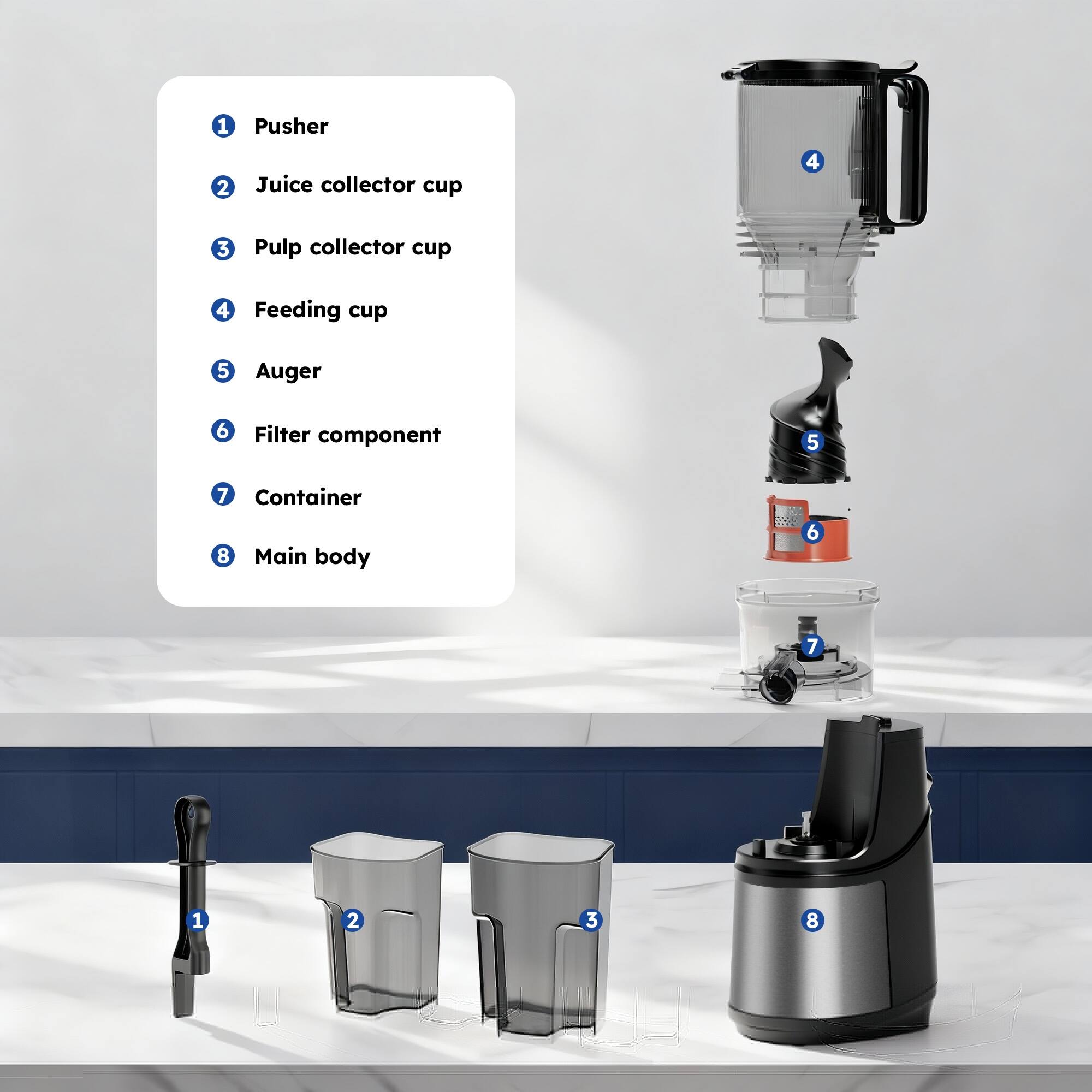 1. Pusher  
2. Juice collector cup  
3. Pulp collector cup  
4. Feeding cup  
5. Auger  
6. Filter component  
7. Container  
8. Main body
