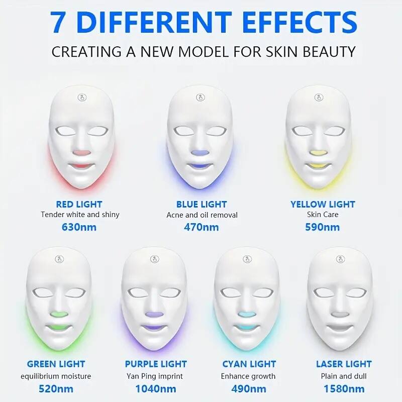 7 DIFFERENT EFFECTS  
CREATING A NEW MODEL FOR SKIN BEAUTY  

- RED LIGHT  
  Tender white and shiny  
  630nm  

- BLUE LIGHT  
  Acne and oil removal  
  470nm  

- YELLOW LIGHT  
  Skin Care  
  590nm  

- GREEN LIGHT  
  equilibrium moisture  
  520nm  

- PURPLE LIGHT  
  Yan Ping imprint  
  1040nm  

- CYAN LIGHT  
  Enhance growth  
  490nm  

- LASER LIGHT  
  Plain and dull  
  1580nm
