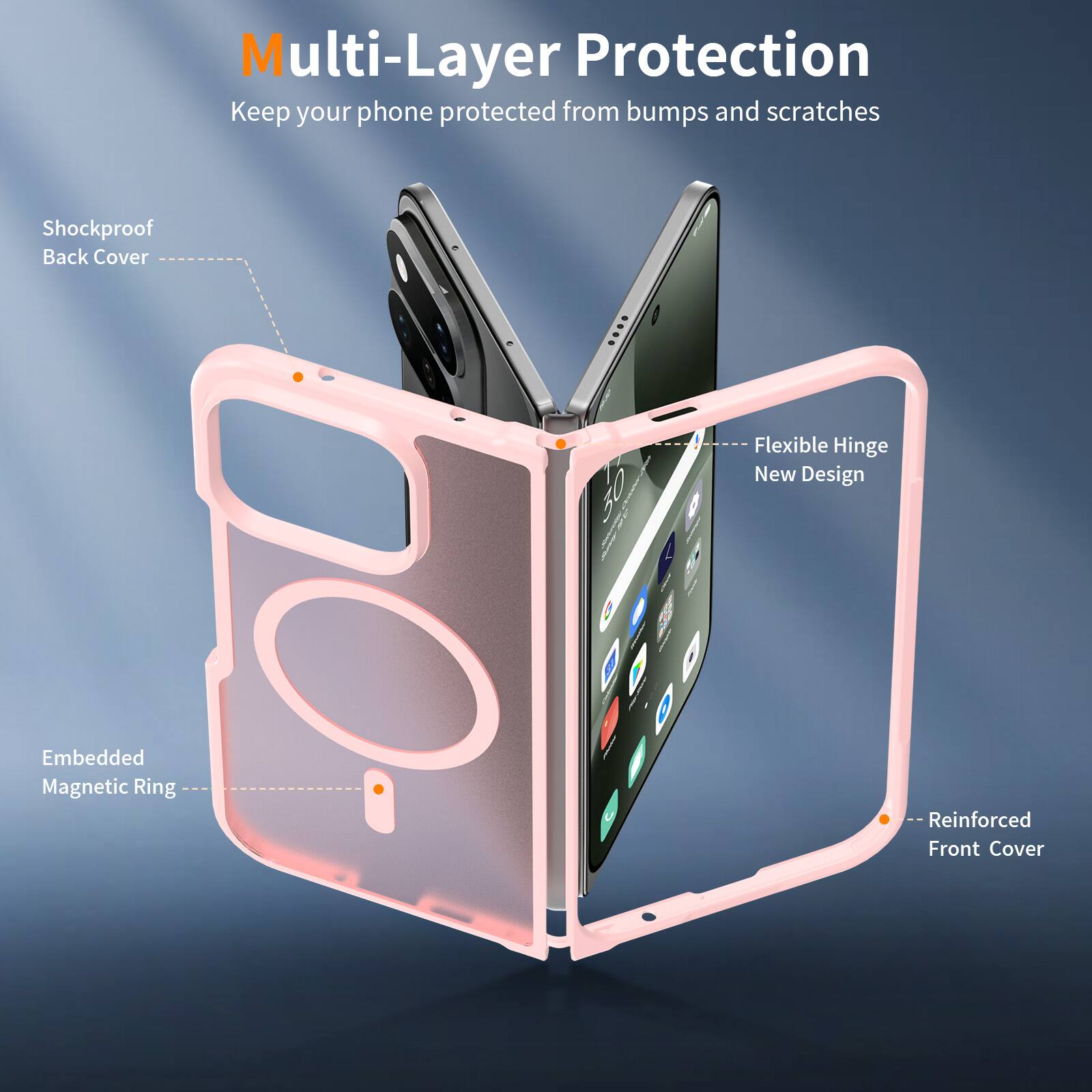 Multi-Layer Protection  
Keep your phone protected from bumps and scratches

- Shockproof Back Cover
- Flexible Hinge New Design
- Embedded Magnetic Ring
- Reinforced Front Cover