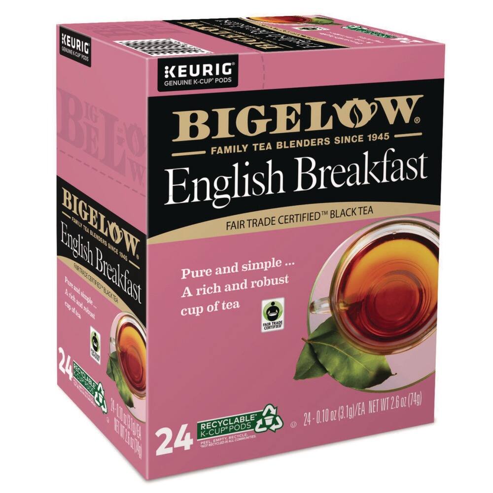 KEURIG  
GENUINE K-CUP PODS  

BIGELOW  
FAMILY TEA BLENDERS SINCE 1945  
English Breakfast  
FAIR TRADE CERTIFIED™ BLACK TEA  

Pure and simple ...  
A rich and robust cup of tea  

24 K-CUP PODS  
24 - 0.10 oz (3.1g)/EA  
NET WT 2.6 OZ (74g)  

RECYCLABLE K-CUP PODS  
RECYCLE EMPTY PODS