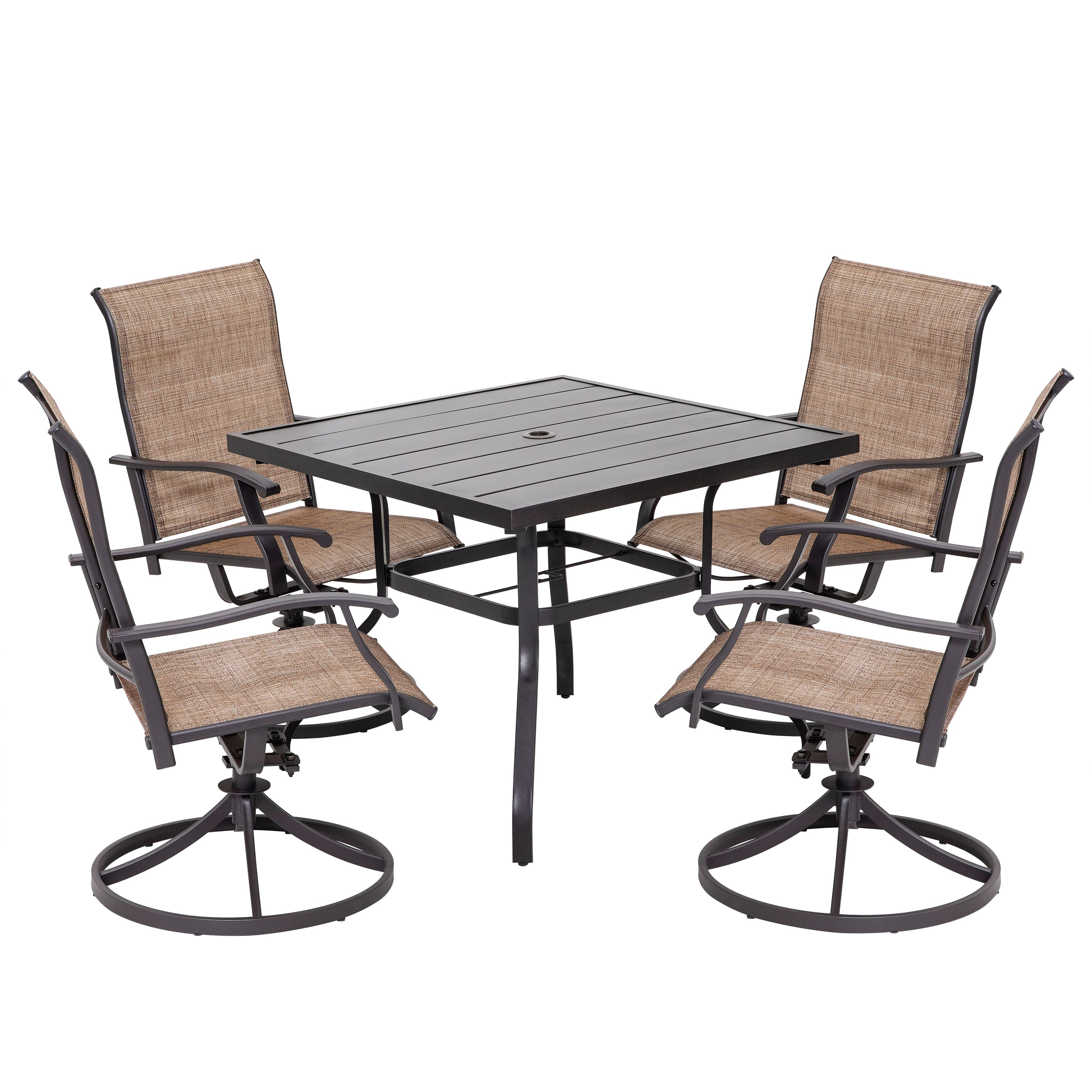 Nuu Garden - Outdoor 5-Piece Iron Dining Set, 4 Textilene Swivel Chairs and 37 Inch Square Dining Table with Umbrella Hole - Black and Brown
