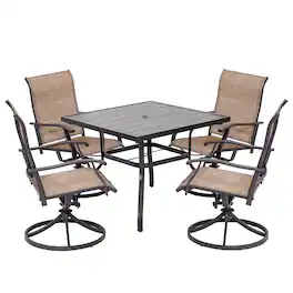 Nuu Garden - Outdoor 5-Piece Iron Dining Set, 4 Textilene Swivel Chairs and 37 Inch Square Dining Table with Umbrella Hole - Black and Brown
