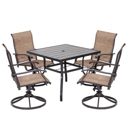 Front. Nuu Garden - Outdoor 5-Piece Iron Dining Set, 4 Textilene Swivel Chairs and 37 Inch Square Dining Table with Umbrella Hole - Black and Brown.