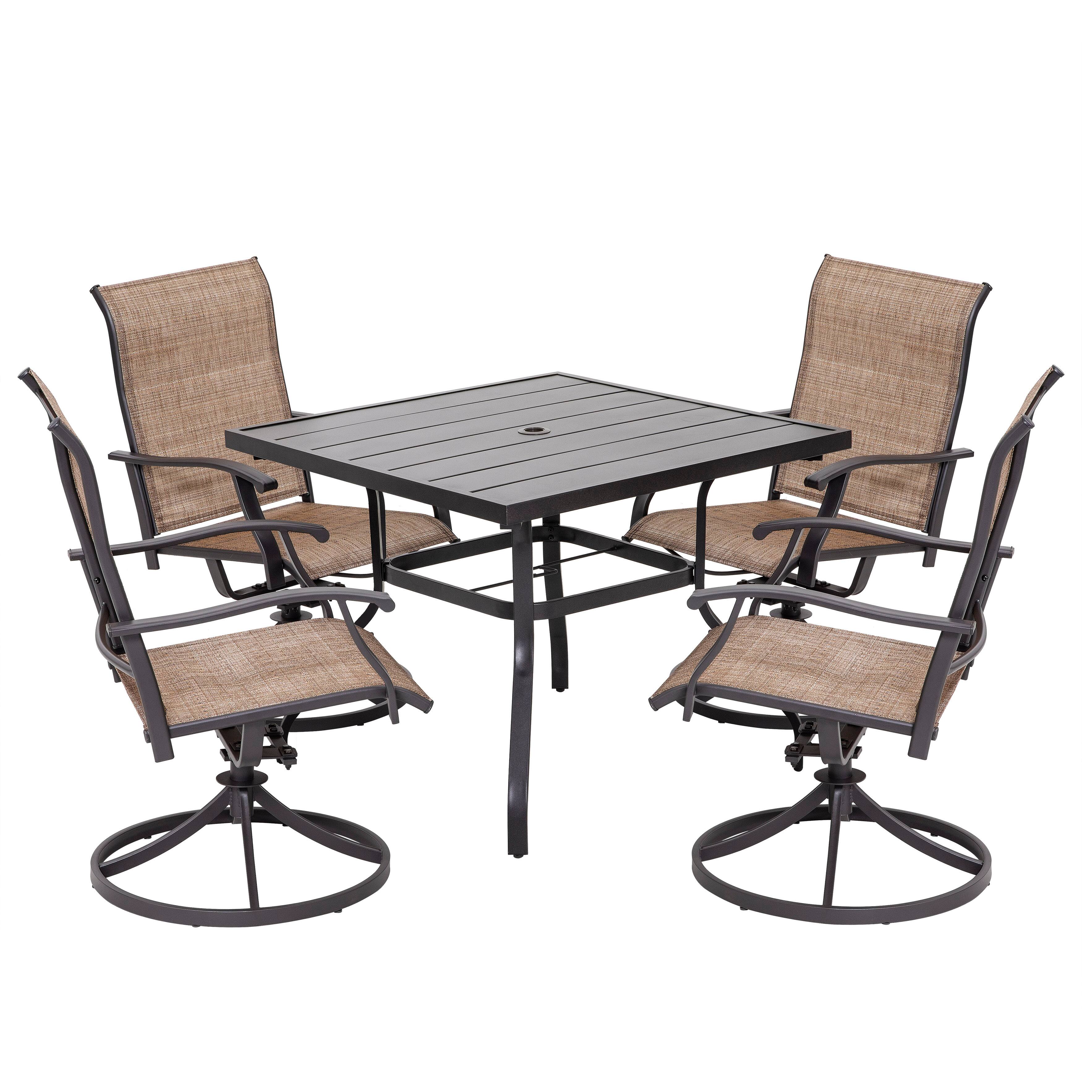 Front. Nuu Garden - Outdoor 5-Piece Iron Dining Set, 4 Textilene Swivel Chairs and 37 Inch Square Dining Table with Umbrella Hole - Black and Brown.