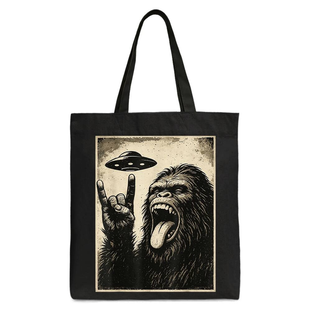 OrnamentallyYou - Bigfoot UFO Funny Canvas Tote Bag, Rock and Roll Sasquatch Meme Gift Shopper - Black