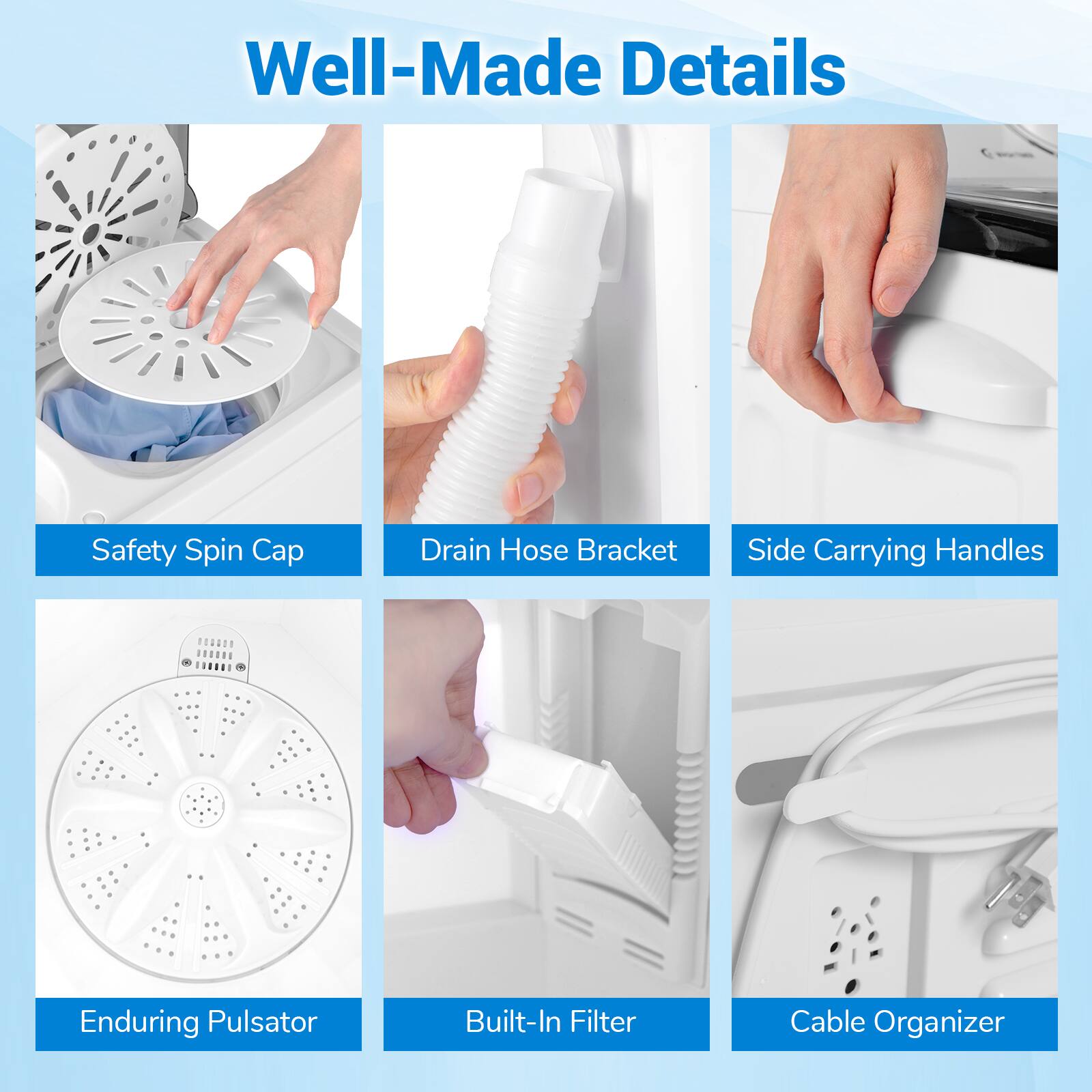 Well-Made Details

- Safety Spin Cap
- Drain Hose Bracket
- Side Carrying Handles
- Enduring Pulsator
- Built-In Filter
- Cable Organizer