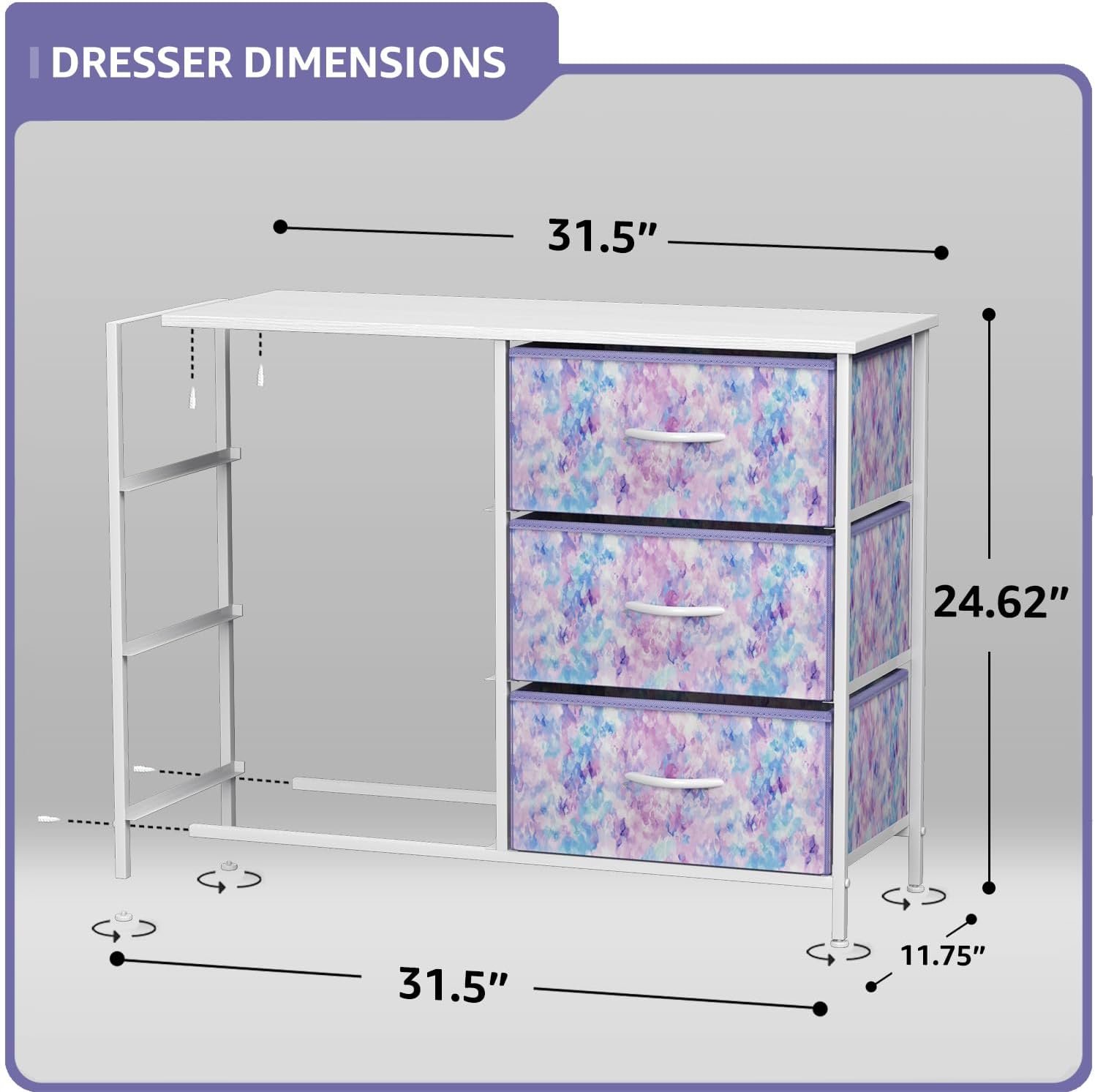 DRESSER DIMENSIONS

- Width: 31.5"
- Depth: 11.75"
- Height: 24.62"