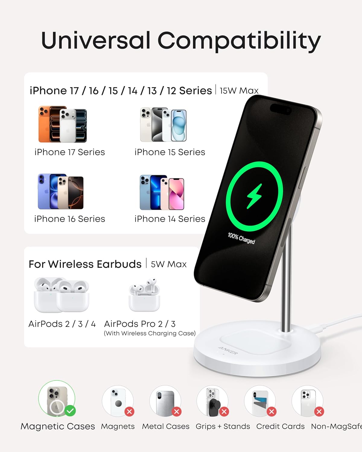 Universal Compatibility

iPhone 17 / 16 / 15 / 14 / 13 / 12 Series | 15W Max

- iPhone 17 Series
- iPhone 15 Series
- iPhone 16 Series
- iPhone 14 Series

For Wireless Earbuds | 5W Max

- AirPods 2 / 3 / 4
- AirPods Pro 2 / 3 (With Wireless Charging Case)

Magnetic Cases ✔️  
Magnets ❌  
Metal Cases ❌  
Grips + Stands ❌  
Credit Cards ❌  
Non-MagSafe ❌