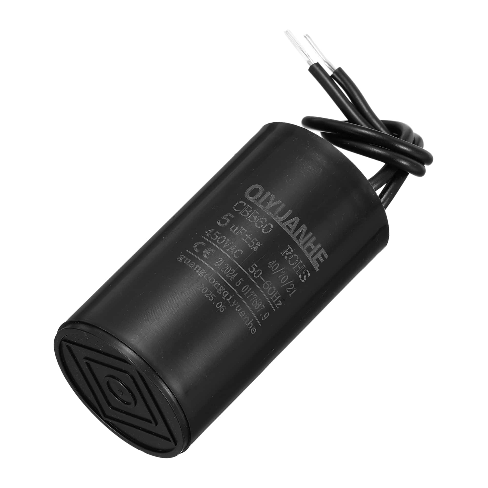Unique Bargains - 5uF CBB60 Run Capacitor, AC 450V 2 Wires 50/60Hz Cylinder 34x60mm for Air Compressor, Water Pump - Black