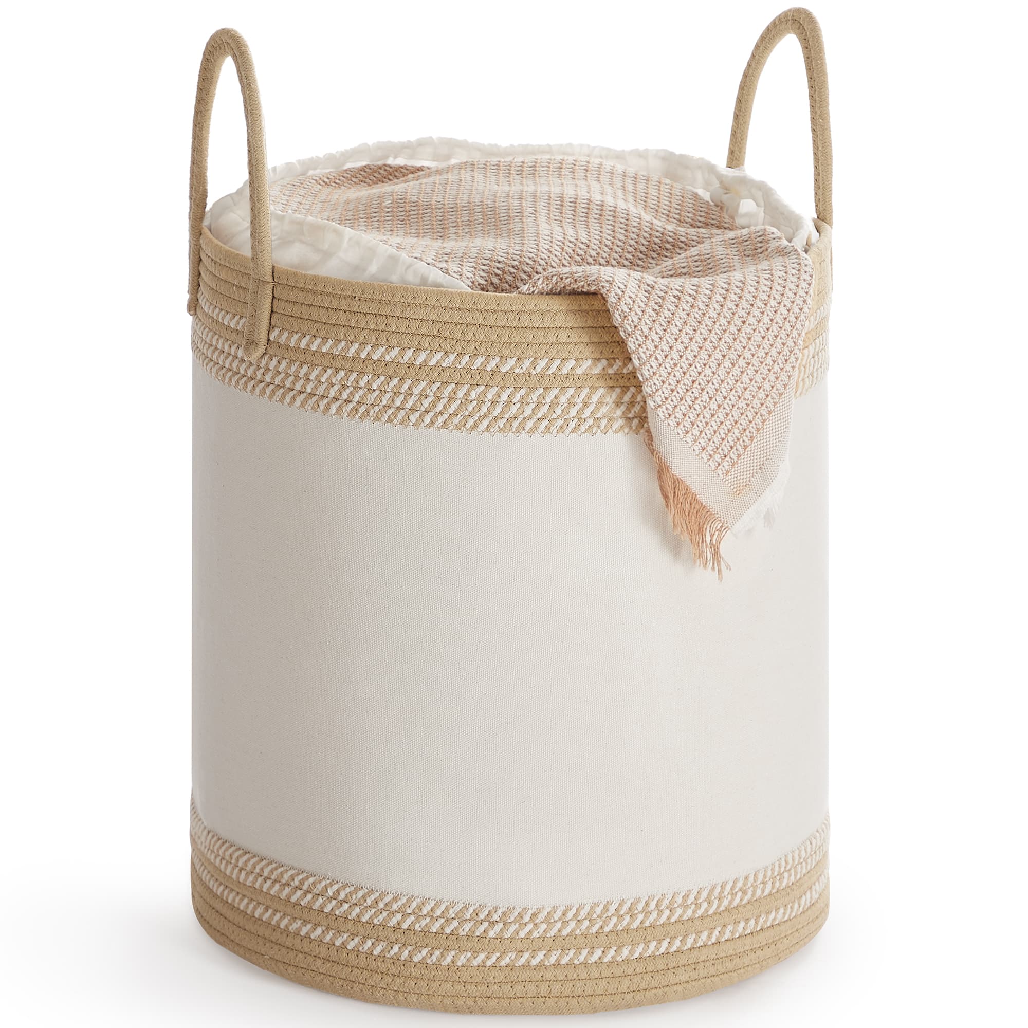 Songmics Home - Laundry Hamper, Cotton Rope Laundry Basket with Handles, for Clothing, Living Room, Bedroom, 15.8 Gallons - Tan and Cloud White