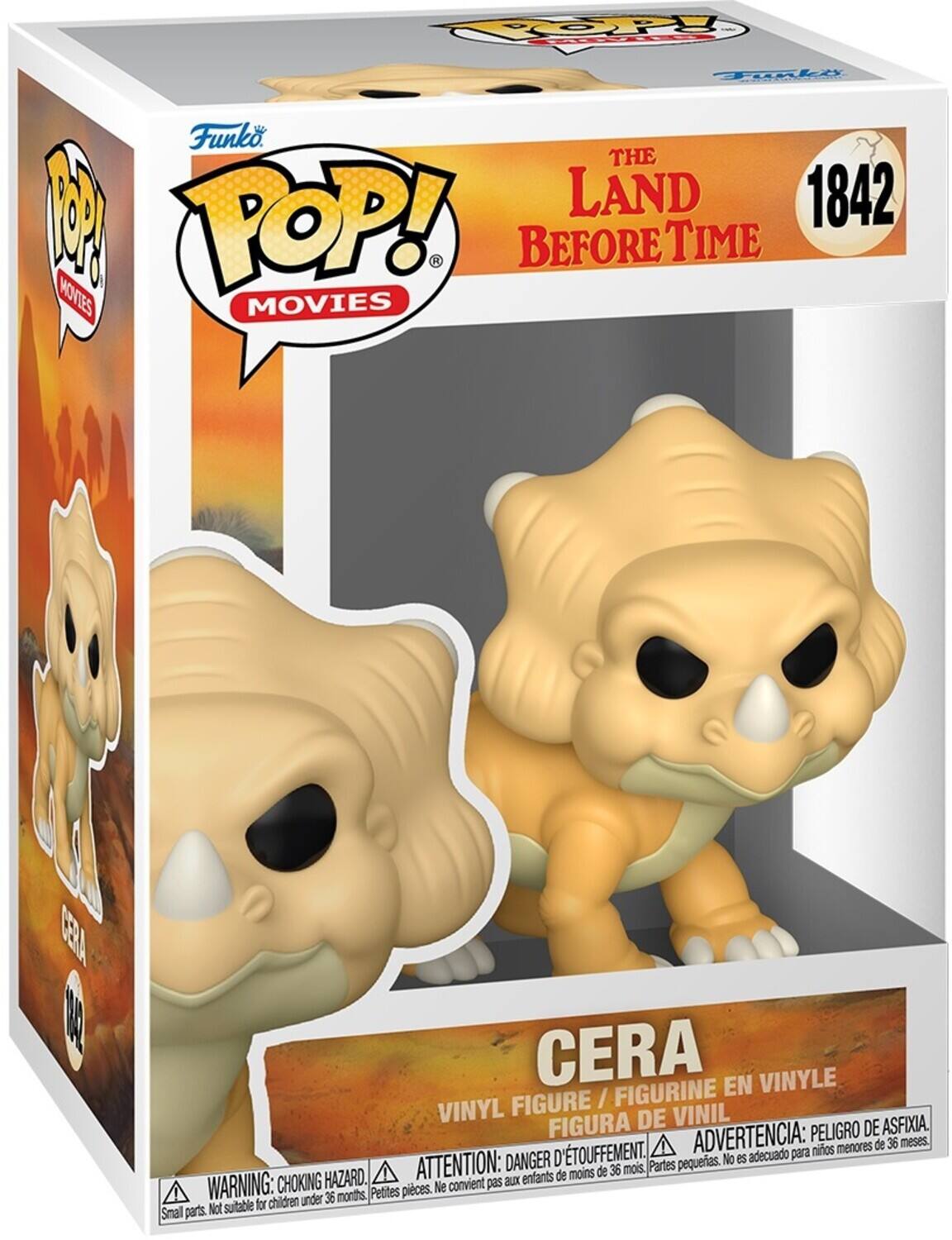 Sure, here is the corrected and grouped text from the image:

---

**Funko POP! MOVIES**

**THE LAND BEFORE TIME**

**1842**

**CERA**

**VINYL FIGURE / FIGURINE EN VINYLE / FIGURA DE VINIL**

**WARNING: CHOKING HAZARD. Small parts. Not suitable for children under 36 months.**

**ATTENTION: DANGER D'ÉTOUFFEMENT. Petites pièces. Ne convient pas aux enfants de moins de 36 mois.**

**ADVERTENCIA: PELIGRO DE ASFIXIA. Partes pequeñas. No es adecuado para niños menores de 36 meses.**

---

This text is organized to reflect the information on the packaging, including the brand, series, character, and safety warnings.