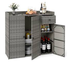 Costway - Outdoor PE Wicker Storage Cabinet with 3 Doors, Adjustable Shelves and Drawer - Mix Gray