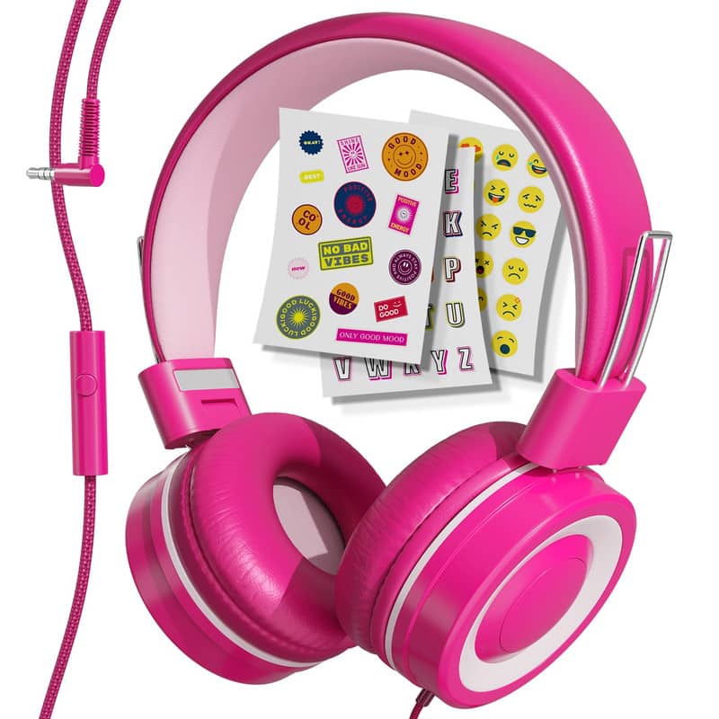 MYZI - Kids Headphones – Foldable Wired Over-Ear Headphones with Mic, 85dB Volume Limit, Tangle-Free - Pink