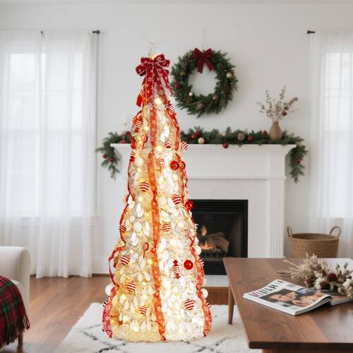 Alt View 1. Winado - 7FT Christmas Tree Artificial Pop Up with Warm Lights and Red Ornaments for Indoor Outdoor Holiday Party Decoration - White.