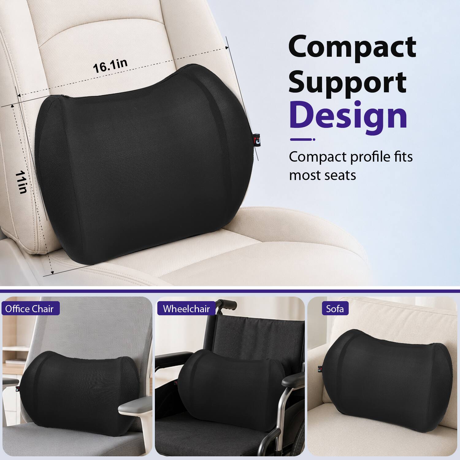 11in 16.1in Compact Support Design T Compact profile fits most seats Office Chair Wheelchair Sofa