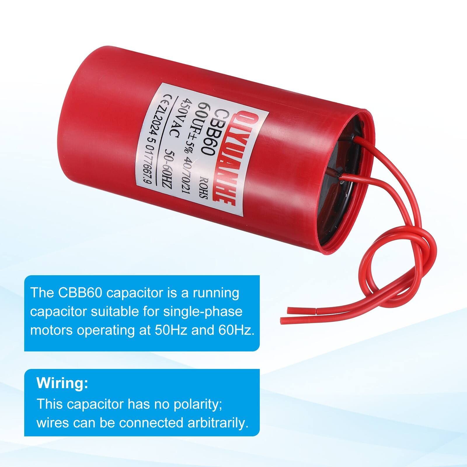 CEZL2024 450V 5 AC 60UF5% CBB60 0177667.9 50-60HZ 40/70/21 ROHS QLYUANHE

The CBB60 capacitor is a running capacitor suitable for single-phase motors operating at 50Hz and 60Hz.

Wiring: This capacitor has no polarity; wires can be connected arbitrarily.