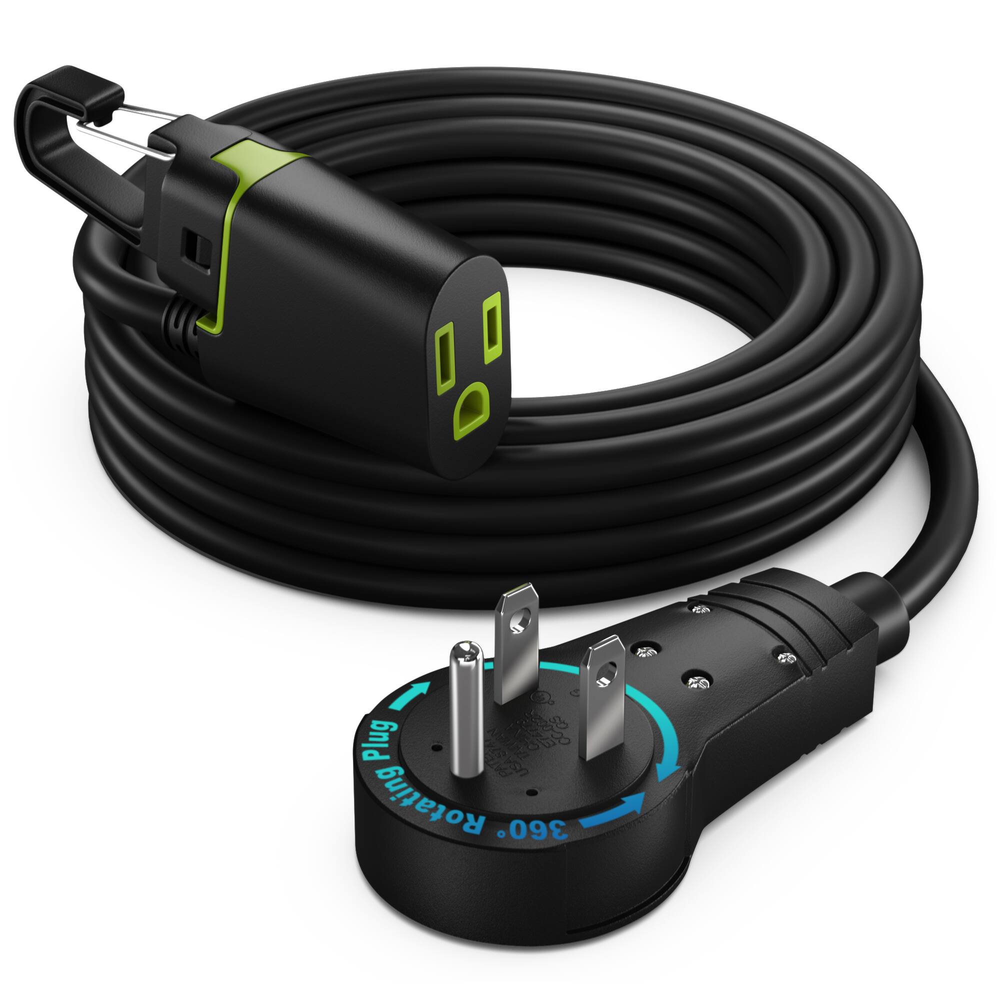 Maximm - 360° Rotating Flat Plug Extension Cord 15 ft, with Removable Hook, 16AWG Indoor Use, UL Certified - Black