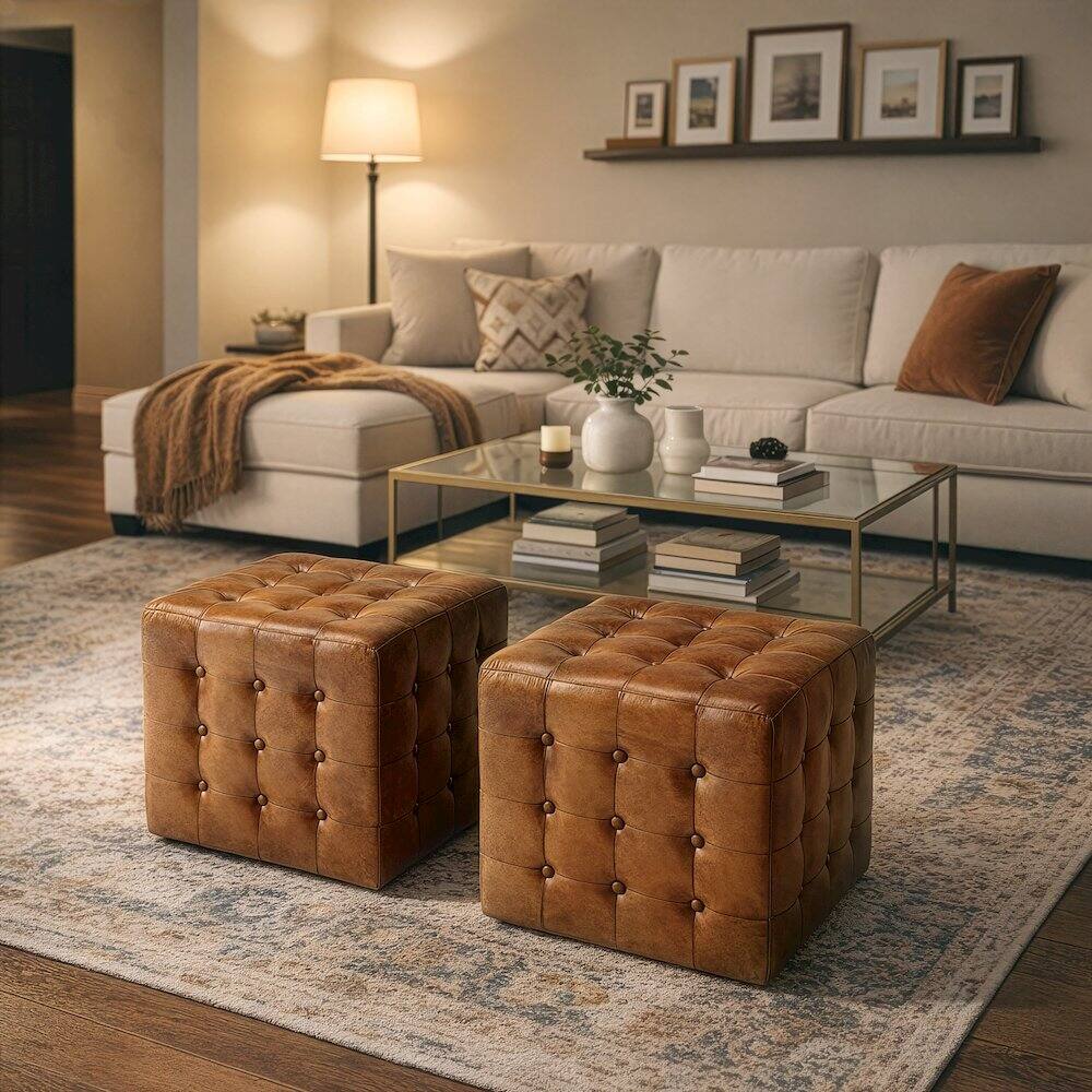 Left. Butler Specialty - Leon Leather Cube Ottoman - Medium Brown.