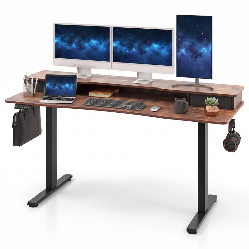 Angle. WELLFOR - 63" Height Adjustable Sit Stand Computer Desk with 2 Drawers & Hanging Hooks, Sit Stand Home Office Desk - Black.