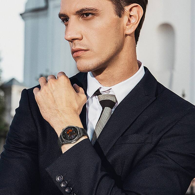 Left. SKRAN - Smart Watch with 1.5" Touchscreen, Bluetooth Calling,Heart Rate and Blood Oxygen Monitoring,Sedentary Reminder -Leather - Brown.