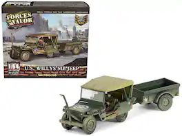 Willys MB Jeep with Trailer Olive Drab (Weathered) with Driver Figure "Mini AFV" Series 1/64 Model by Forces of Valor