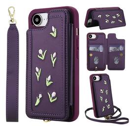 Dteck - Floral Flip Wallet Case for Apple iPhone 17e / 16e,Fashion Crossbody PU Leather Card Holder Phone Cover with Wrist Strap - Purple