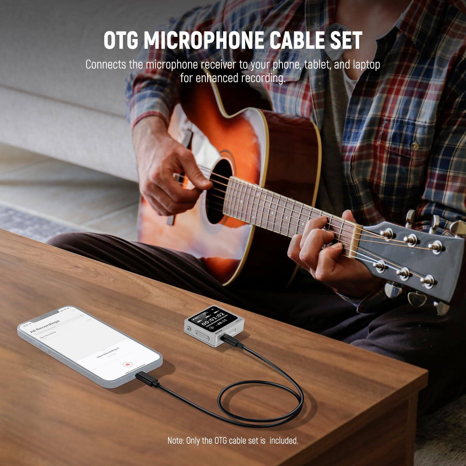 OTG MICROPHONE CABLE SET  
Connects the microphone receiver to your phone, tablet, and laptop for enhanced recording.  

Note: Only the OTG cable set is included.