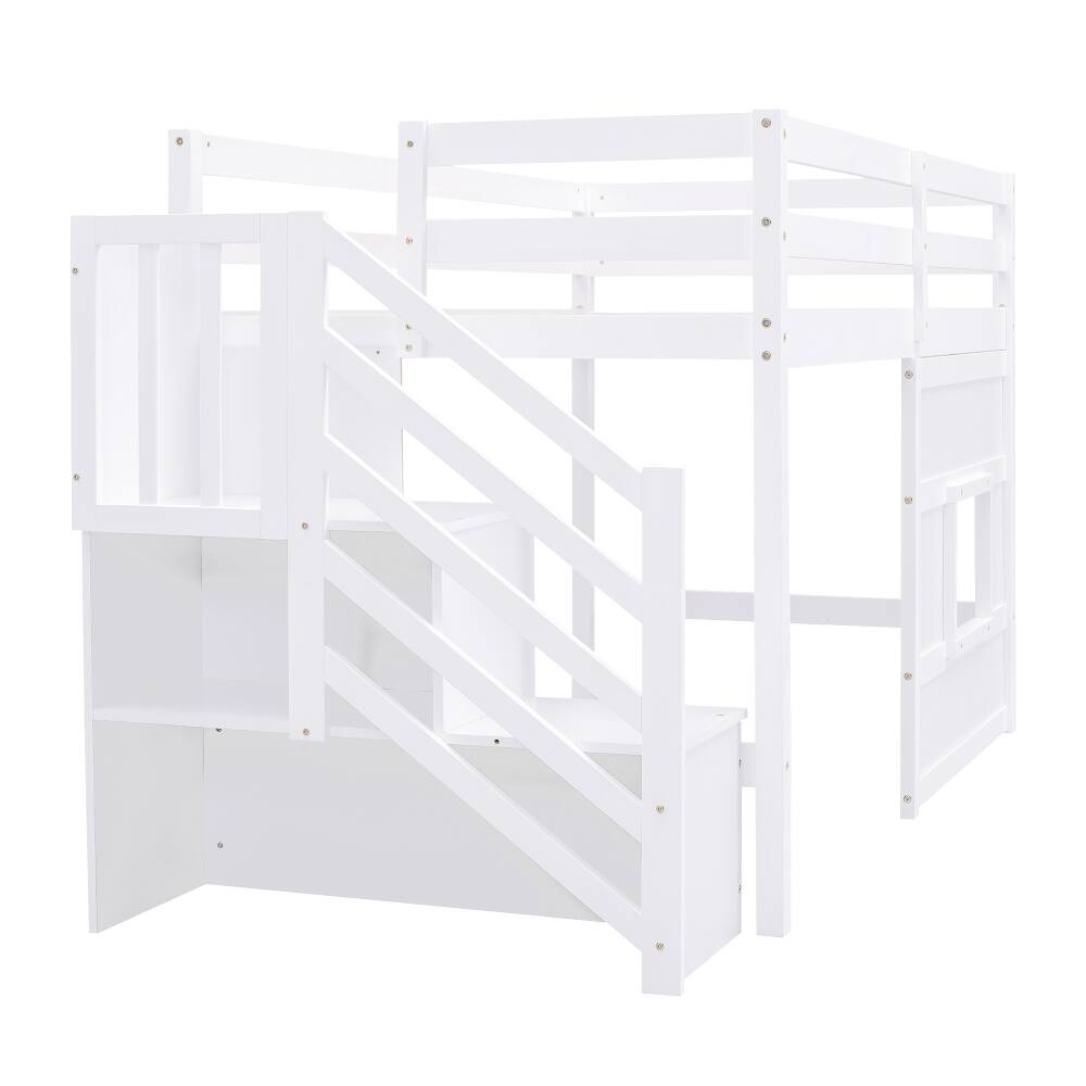 Alt View 9. Loheer - Loheer Twin Size Loft Bed with Storage Staircase LED Light White - White.