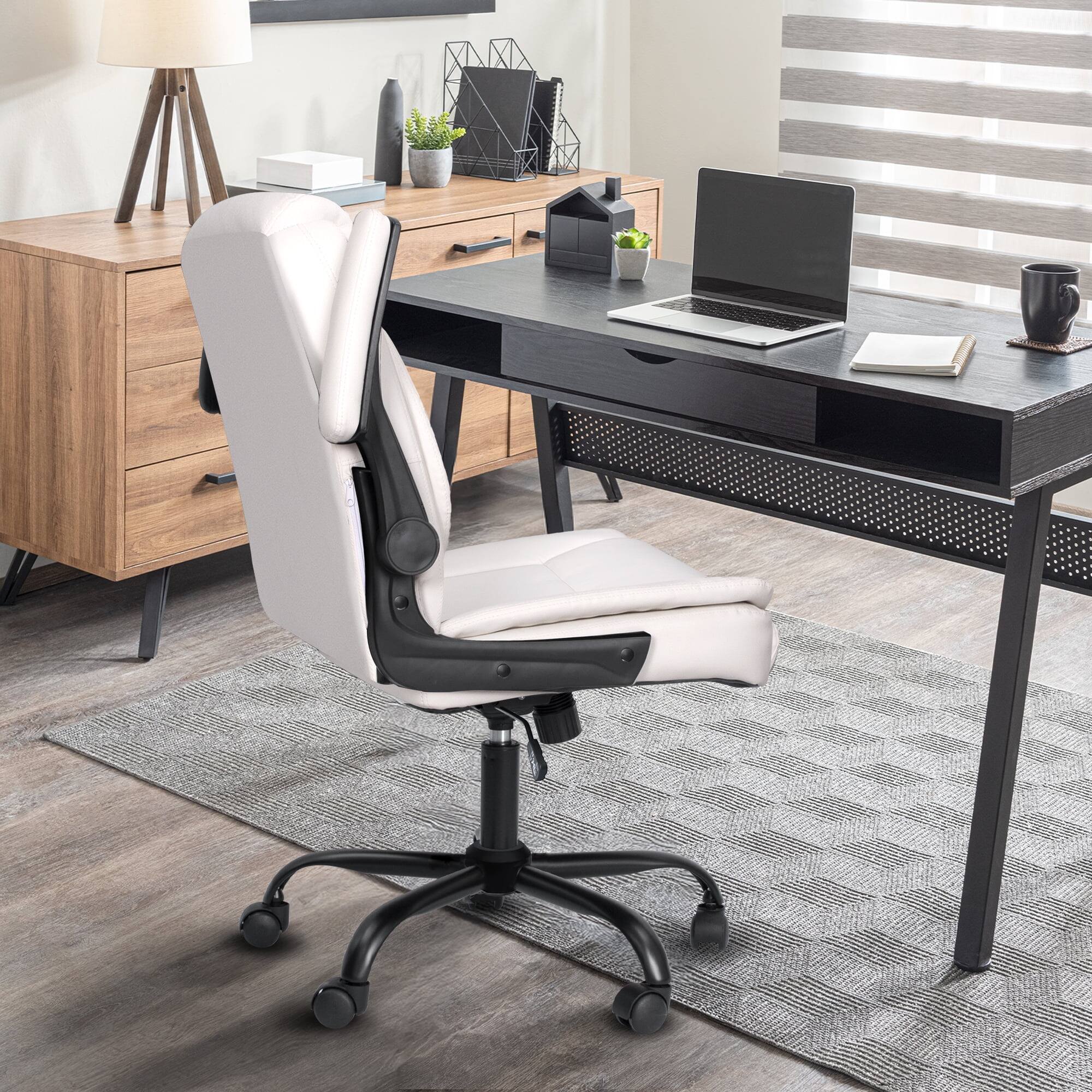 Left. Neo Chair - Leather Office Chair, Ergonomic Mid-Back Computer Chair with Flip-Up Armrests, Padded Cushion & Swivel Wheels - 1. White.