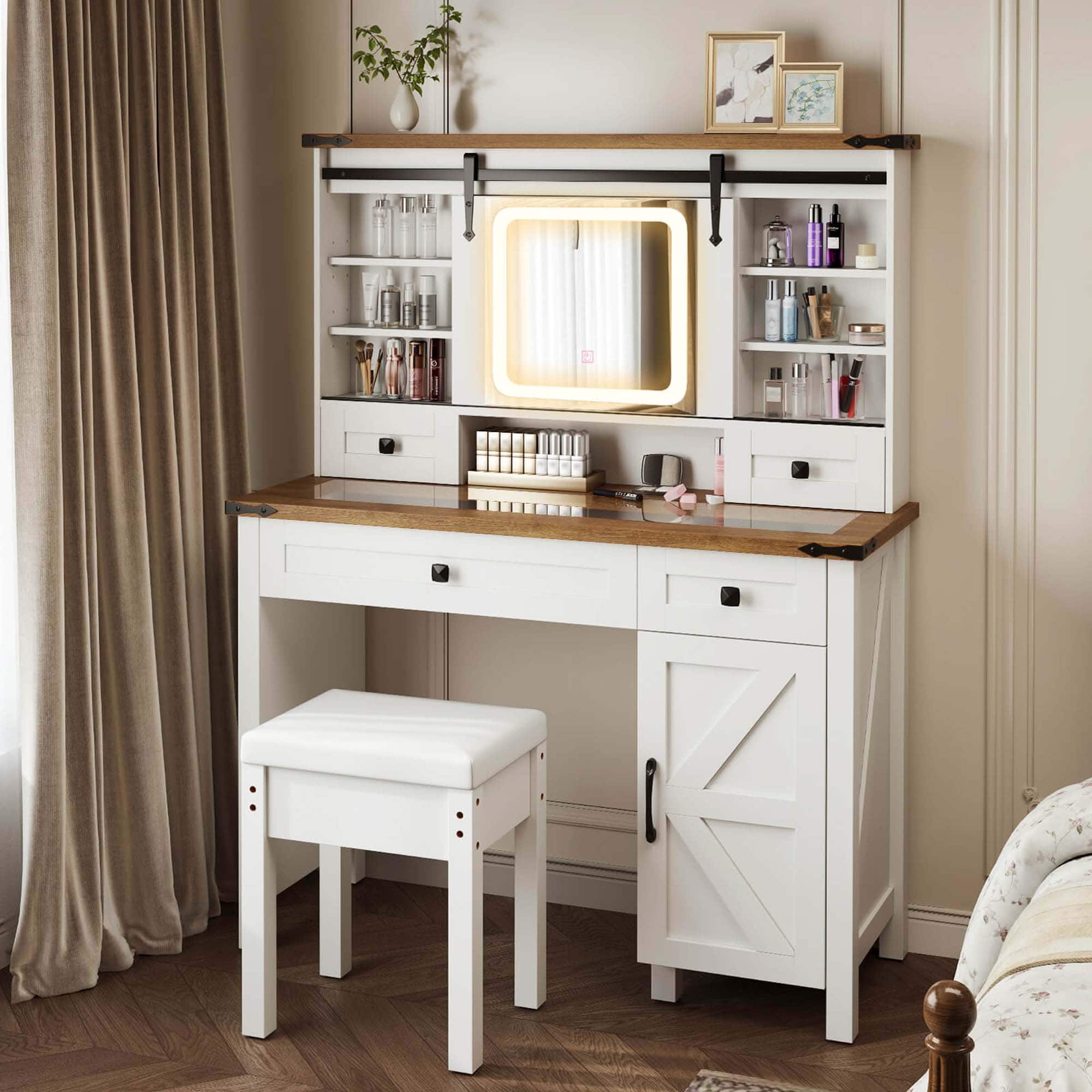 Costway - Farmhouse Vanity Desk with Sliding Mirror Makeup Vanity Table with 3 Lighting Modes - White