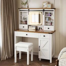 Costway - Farmhouse Vanity Desk with Sliding Mirror Makeup Vanity Table with 3 Lighting Modes - White