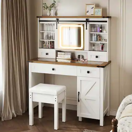 Front. Costway - Costway Farmhouse Vanity Desk with Sliding Mirror Makeup Vanity Table with 3 Lighting Modes - White.