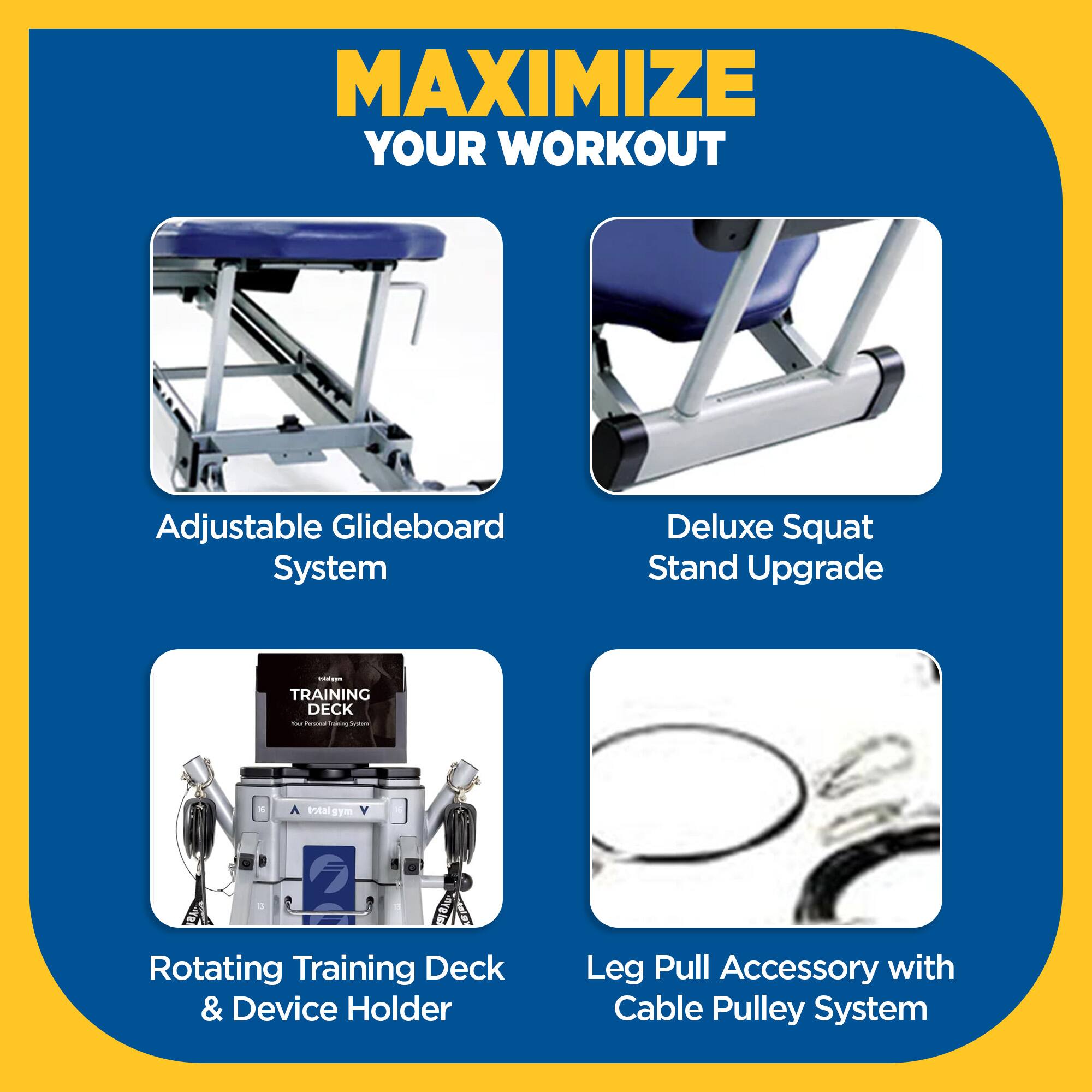 MAXIMIZE YOUR WORKOUT Adjustable Glideboard System Deluxe Squat Stand Upgrade - TRAINING DECK - Rotating Training Deck & Device Holder Leg Pull Accessory with Cable Pulley System