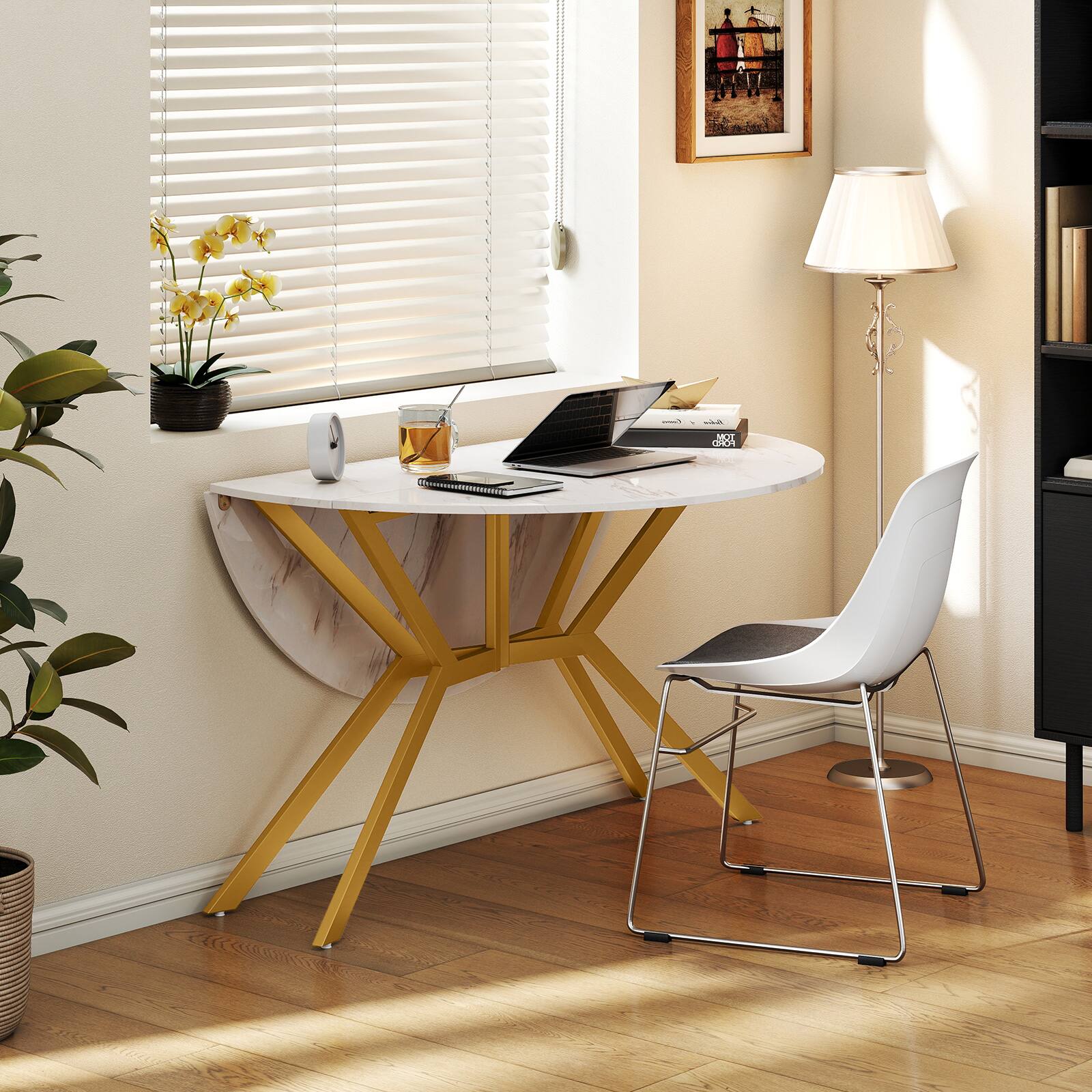 Alt View 4. Gymax - Gymax Folding Dining Table 47'' Extendable Round Kitchen Table w/Drop Leaves for Home White - White.