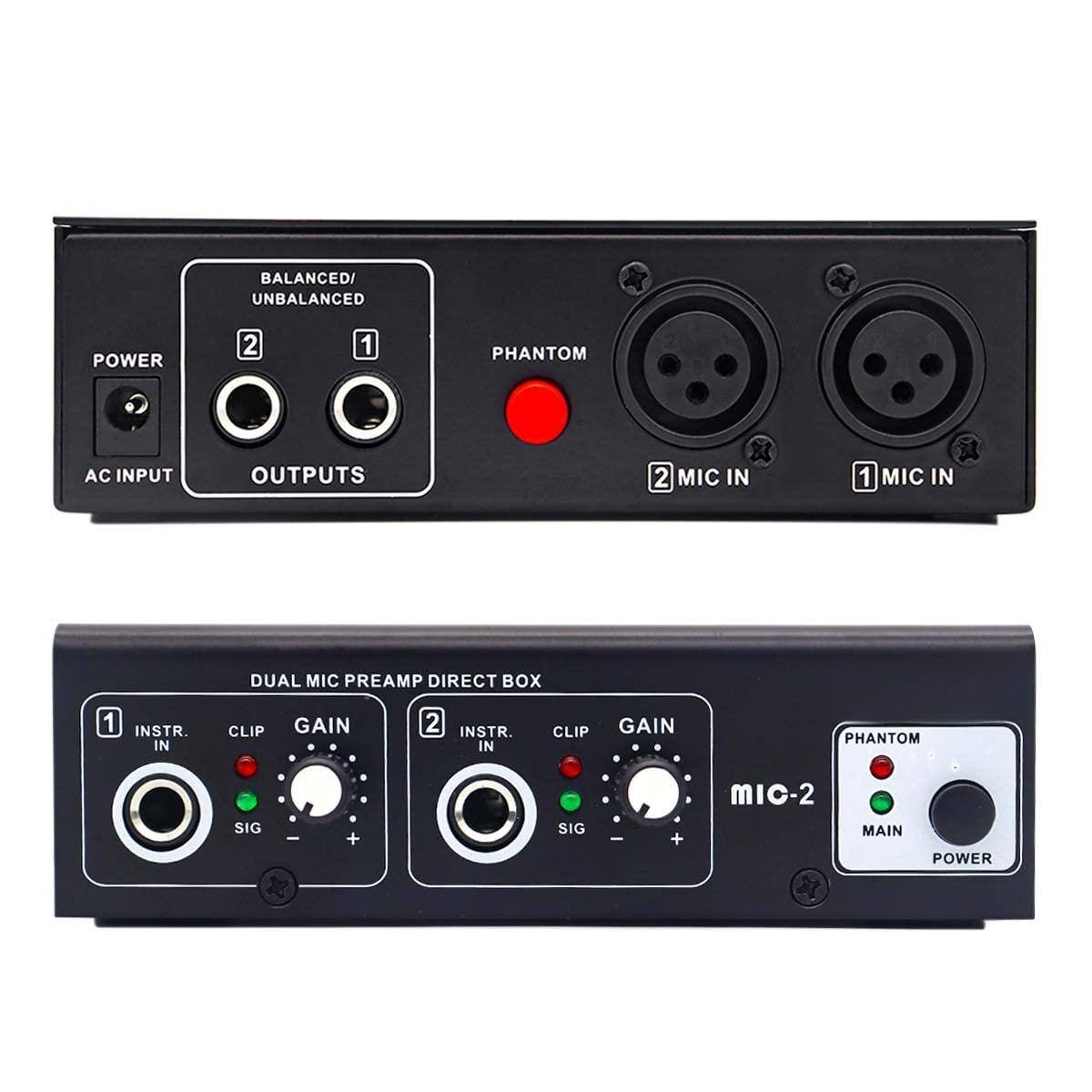 Sure, here is the corrected and grouped text from the image:

---

**Top Unit:**

- **Power:** AC Input
- **Outputs:** Balanced/Unbalanced (2) (1)
- **Phantom:** (2 Mic In) (1 Mic In)

---

**Bottom Unit:**

- **Dual Mic Preamplifier Direct Box:**
  - **1 Instr. In:** Clip Gain (Sig)
  - **2 Instr. In:** Clip Gain (Sig)
  - **Phantom:** Mic-2 (Main Power)

---