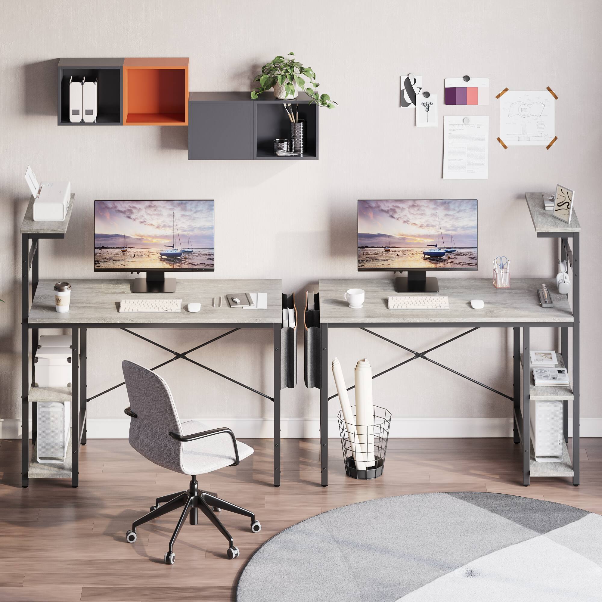 Alt View 3. Bestier - 44'' RGB Gaming Desk, PC Gaming Desk with Reversible Shelves & Side Storage, Gaming Computer Desk for Home Office - Light Gray.
