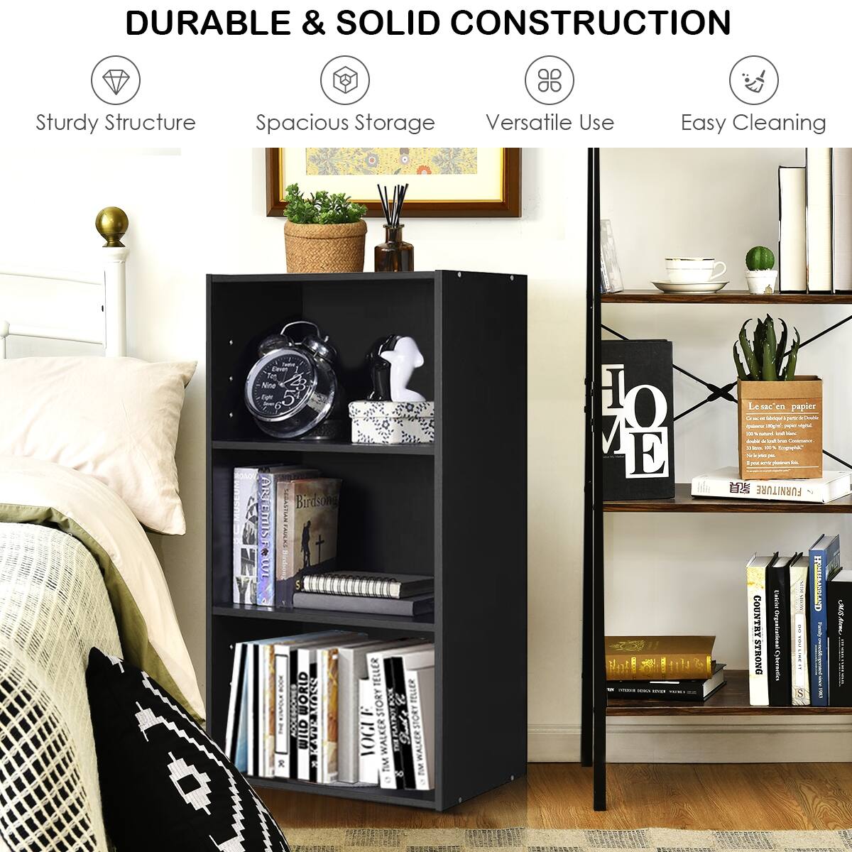 Durable & Solid Construction:

* Sturdy structure
* Spacious storage
* Versatile use
* Easy cleaning

The image features a black bookshelf filled with various books and decorative items. The bookshelf is placed in a room with a bed, a potted plant, and a clock. The bookshelf is made of durable and solid construction, providing ample storage space for books and other items. The design of the bookshelf is versatile, making it suitable for different room settings and styles. Additionally, the bookshelf is easy to clean, ensuring that it remains in good condition over time.