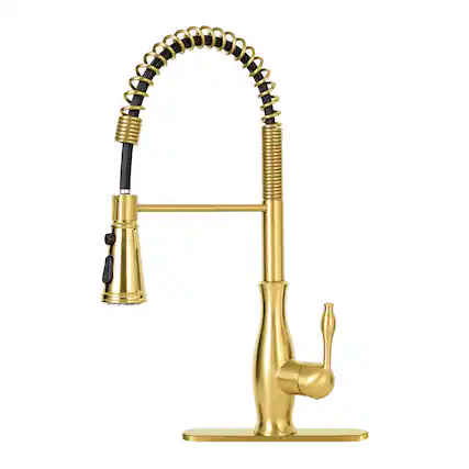 Front. Akicon - Akicon 3-Function Spring Single Handle Stainless Steel Kitchen Faucet with Pull Down Sprayer in Brushed Gold - Brushed Gold.